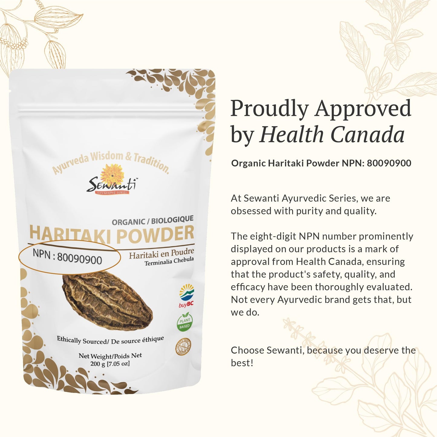 Sewanti Ayurvedic Organic Haritaki Powder - Terminalia Chebula for Constipation Relief, Digestive Wellness & Intestinal Cleanse | NPN 80090900 | GMP Certified | Packaged in Canada, 200g Sewanti