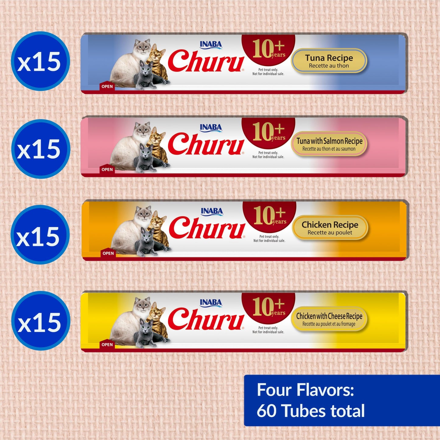 INABA Churu for Senior 10+, Creamy Lickable Cat Treats with Taurine, Vitamin E & C, 14 Grams Each, 60 Tubes, Tuna & Chicken Variety 🍁 All In One Marketplace Canada