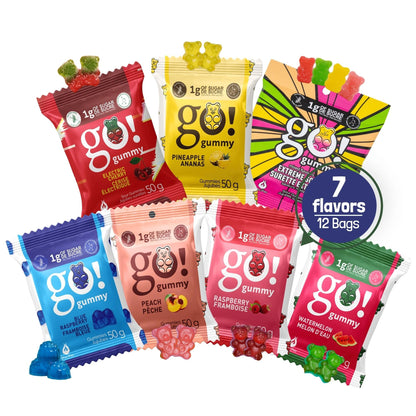 Jimmy Sevigny GoGummy Low Sugar Gummy Bears - 7 Flavor Variety Pack, High Fiber, Gluten-Free (12 x 50g Bags)