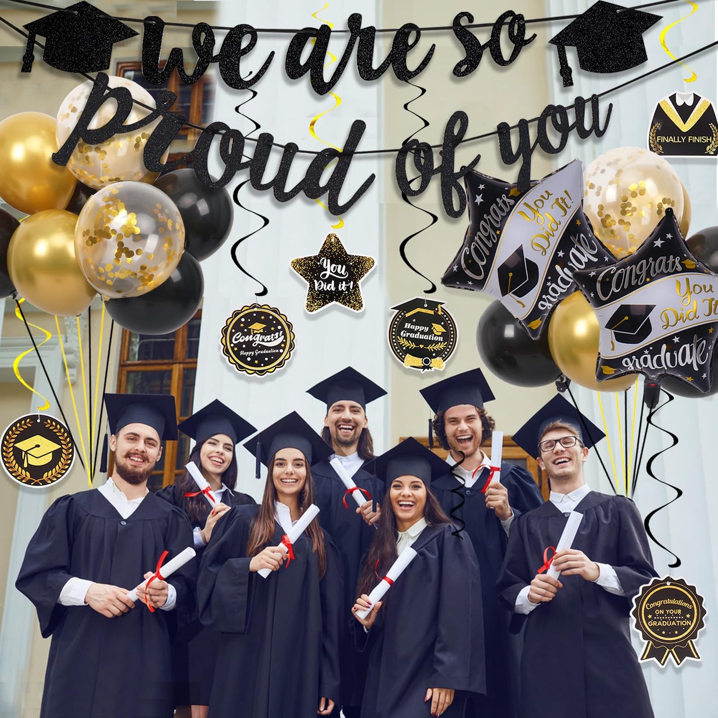 Graduation Decorations 2026, grad 2026 decorations with We Are So Proud of You Banner, Graduation Balloons, Congratulations Hanging Swirls for class of 2025 decorations - Available at All In One Marketplace Canada