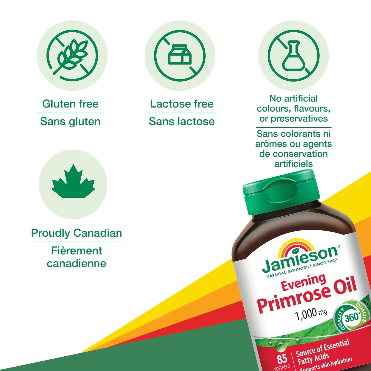 Jamieson Evening Primrose Oil 1,000 mg, Omega-6, Supports Skin Hydration, Skin Smoothness, Reduces Acne Symptoms, and Provides Ezcema Symptom Support. Non-GMO, Gluten-Free, 85 Softgels, Proudly Canadian - Available at All In One Marketplace Canada
