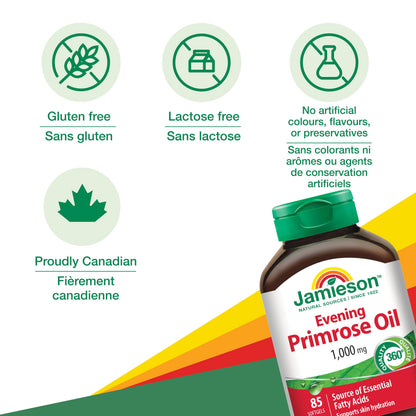 Jamieson Evening Primrose Oil 1,000 mg, Omega-6, Supports Skin Hydration, Skin Smoothness, Reduces Acne Symptoms, and Provides Ezcema Symptom Support. Non-GMO, Gluten-Free, 85 Softgels, Proudly Canadian - Available at All In One Marketplace Canada
