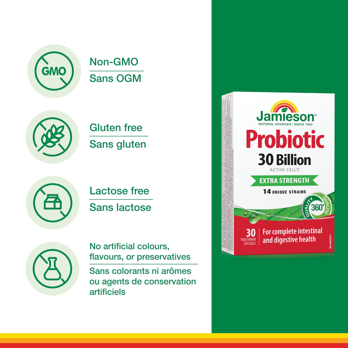 Jamieson Probiotic 30 Billion CFU, Extra Strength, 30 Vegetarian Capsules. Supports Digestive Health & Intestinal Health. 14 Unique Strains, Including Lactobacillus and Bifidobacterium, Non-GMO