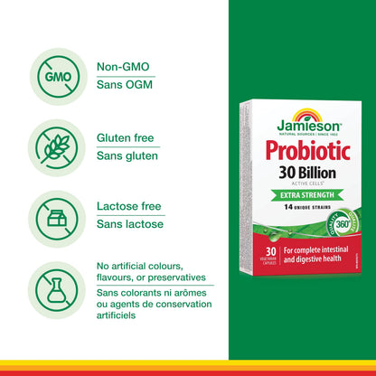 Jamieson Probiotic 30 Billion CFU, Extra Strength, 30 Vegetarian Capsules. Supports Digestive Health & Intestinal Health. 14 Unique Strains, Including Lactobacillus and Bifidobacterium, Non-GMO