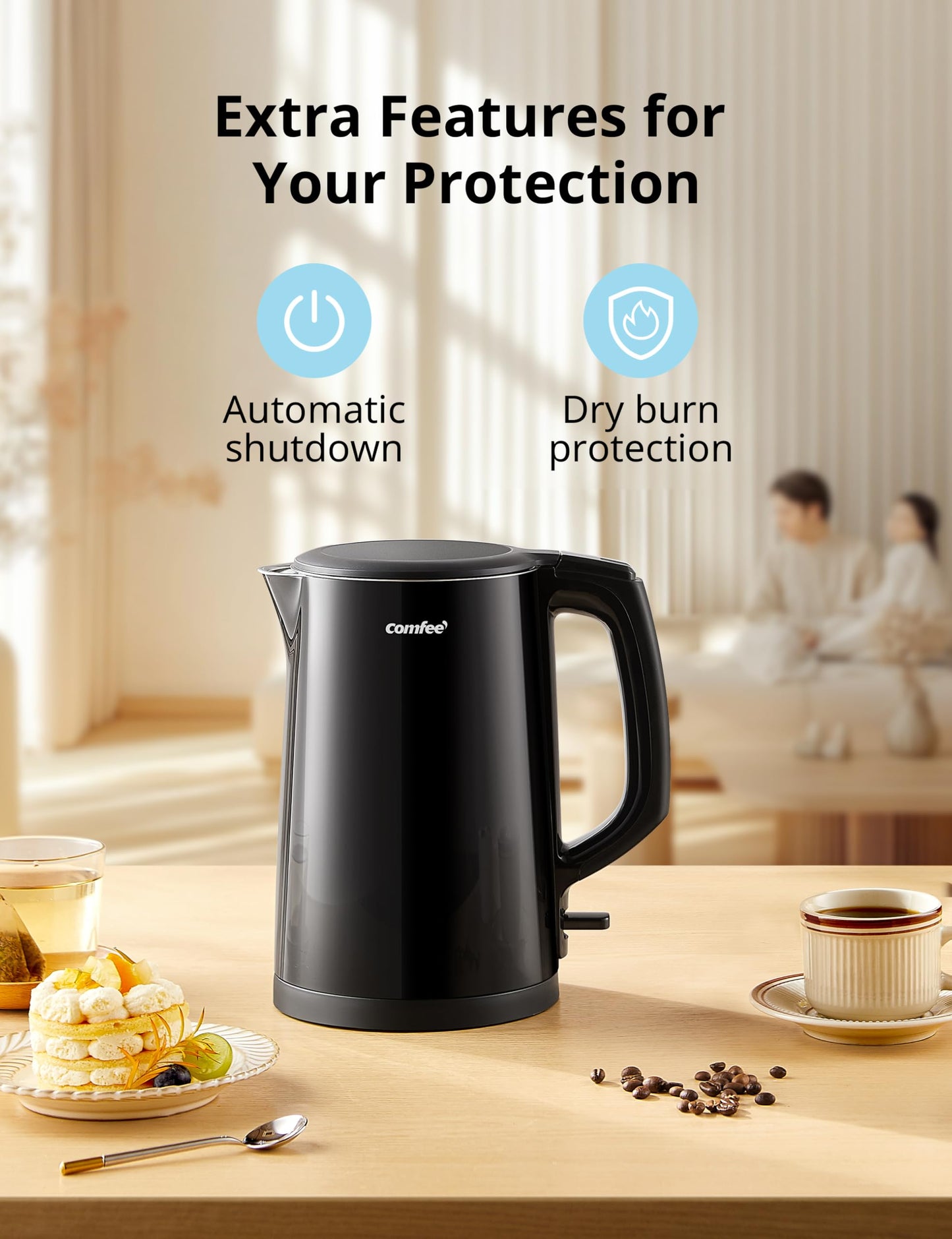 COMFEE' Electric Kettle and Tea Kettle, 1.5L Double Wall, Stainless Steel Interior, Lid & Spout, Fast Boil, Auto-Off, and Boil-Dry Protection, 1500W COMFEE'