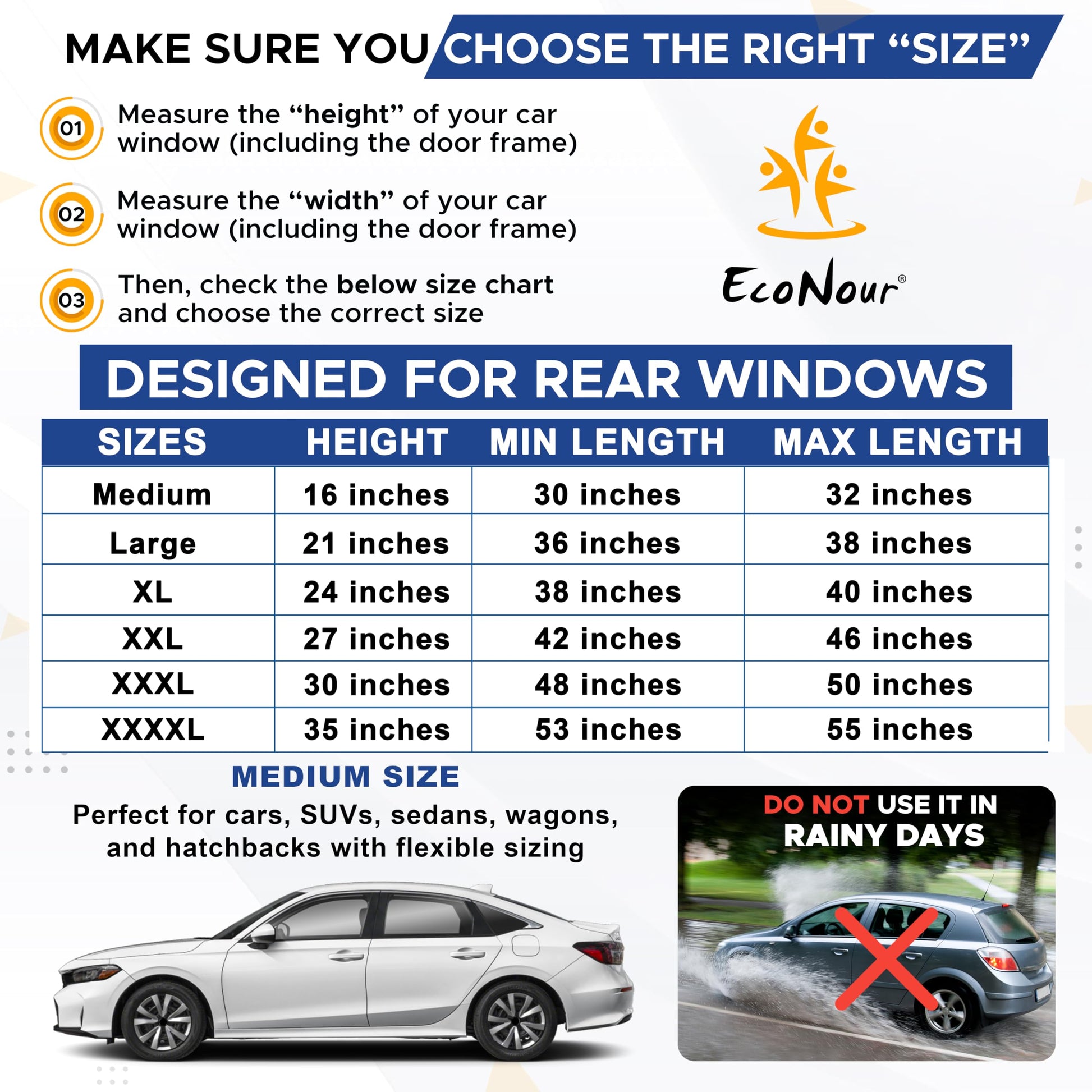 EcoNour Car Window Shade | 100% Protection from Bugs, UV and Car Mosquito Net for Camping | Breathable Mesh Baby Car Window Covers for Privacy Blackout | Pack of 2 (Medium 36"x17")