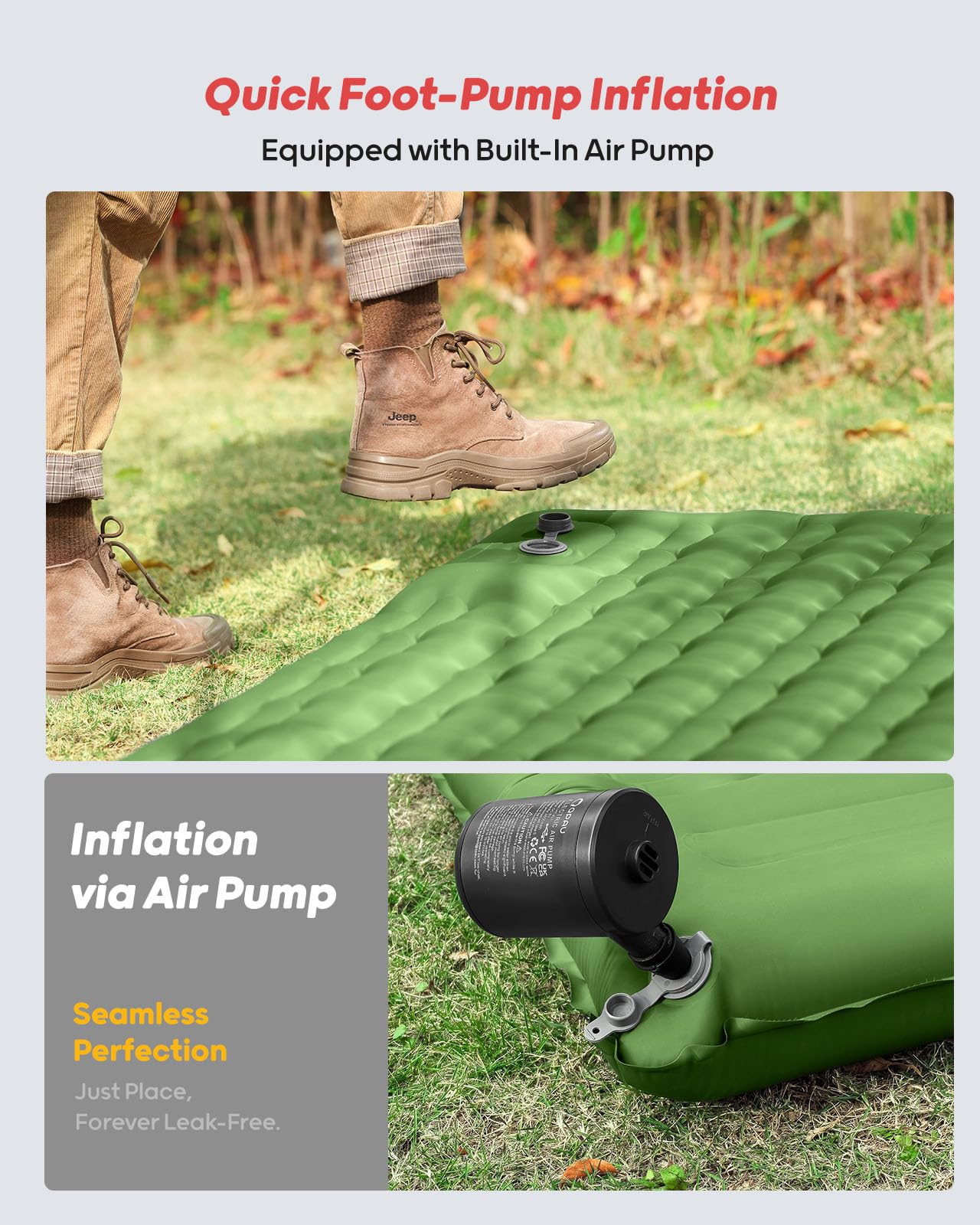 QPAU Camping Sleeping Pad, 2 Person Camping Mat, Enhanced Support for Healthy, with Built-in Foot Pump, 4.7 Inch Durable Sleeping Mattress for Camping, Hiking and Home (Pine Green)