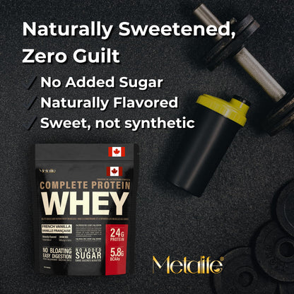 MetaLife Complete Whey Protein Powder – 24g Protein, 5.8g BCAAs, Sugar-Free, Gluten-Free, 714g (21 Servings) – French Vanilla