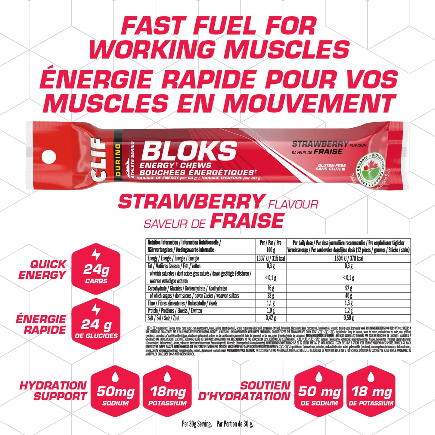 CLIF BLOKS Strawberry Energy Chews – Organic, Gluten-Free, 60g (18-Pack)