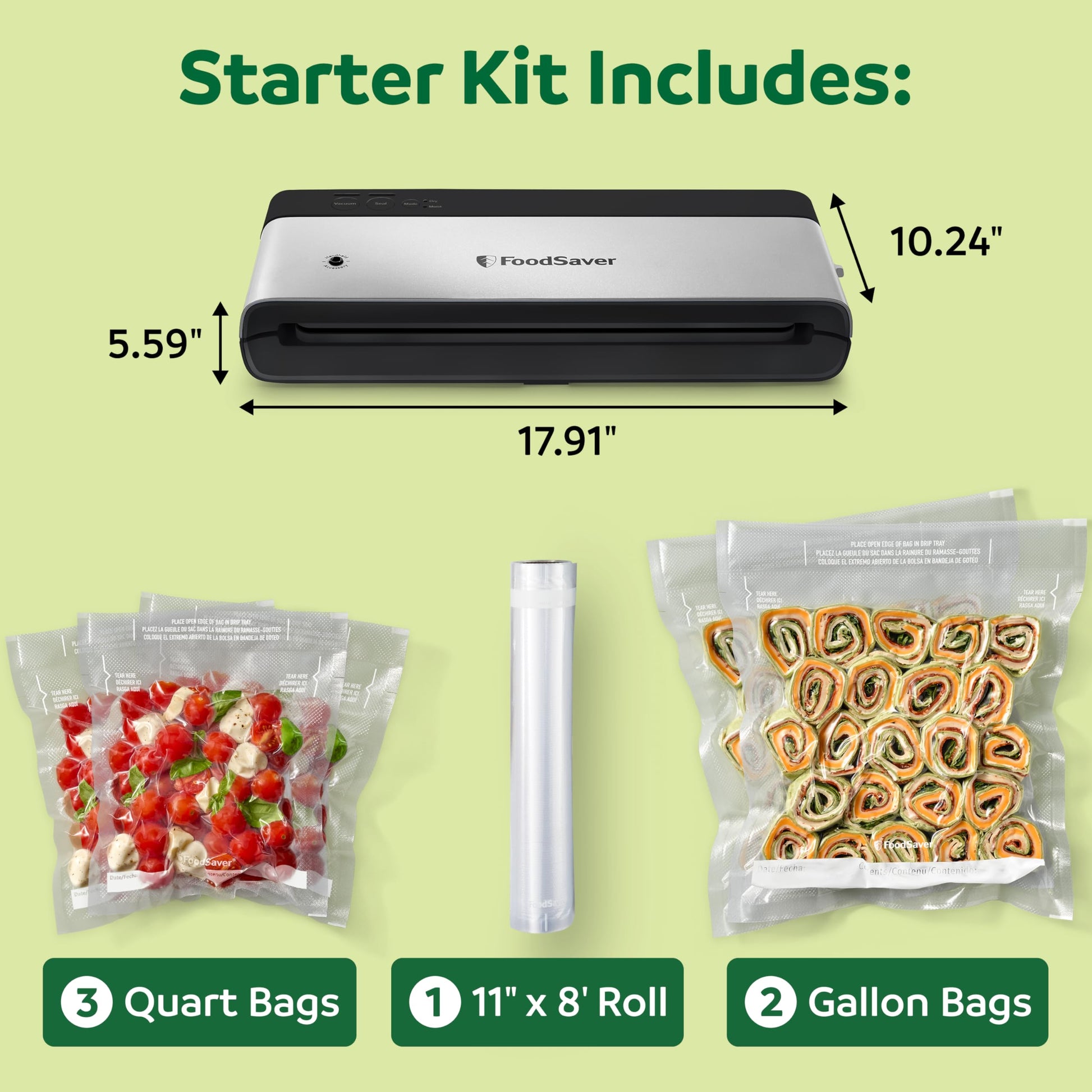 FoodSaver PowerVac Compact Vacuum Sealer Machine w/ Vertical Storage | 5 Airtight Vacuum Seal Bags & 1 Roll | VS0150 | Stainless Steel / Black - Available at All In One Marketplace Canada