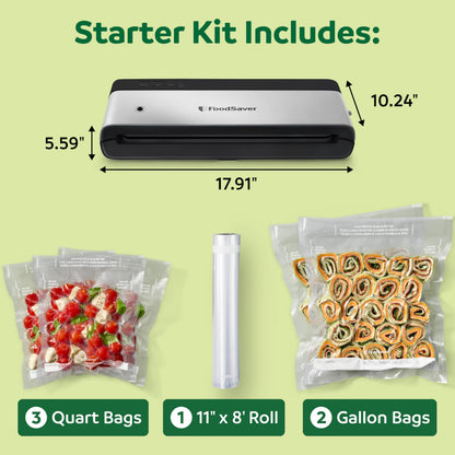 FoodSaver PowerVac Compact Vacuum Sealer Machine w/ Vertical Storage | 5 Airtight Vacuum Seal Bags & 1 Roll | VS0150 | Stainless Steel / Black - Available at All In One Marketplace Canada