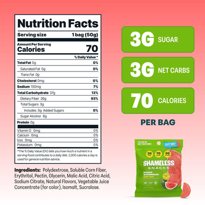 Shameless Snacks Wassup Watermelon Keto Gummies - Low Calorie, Low Carb, Gluten Free (6 Pack)