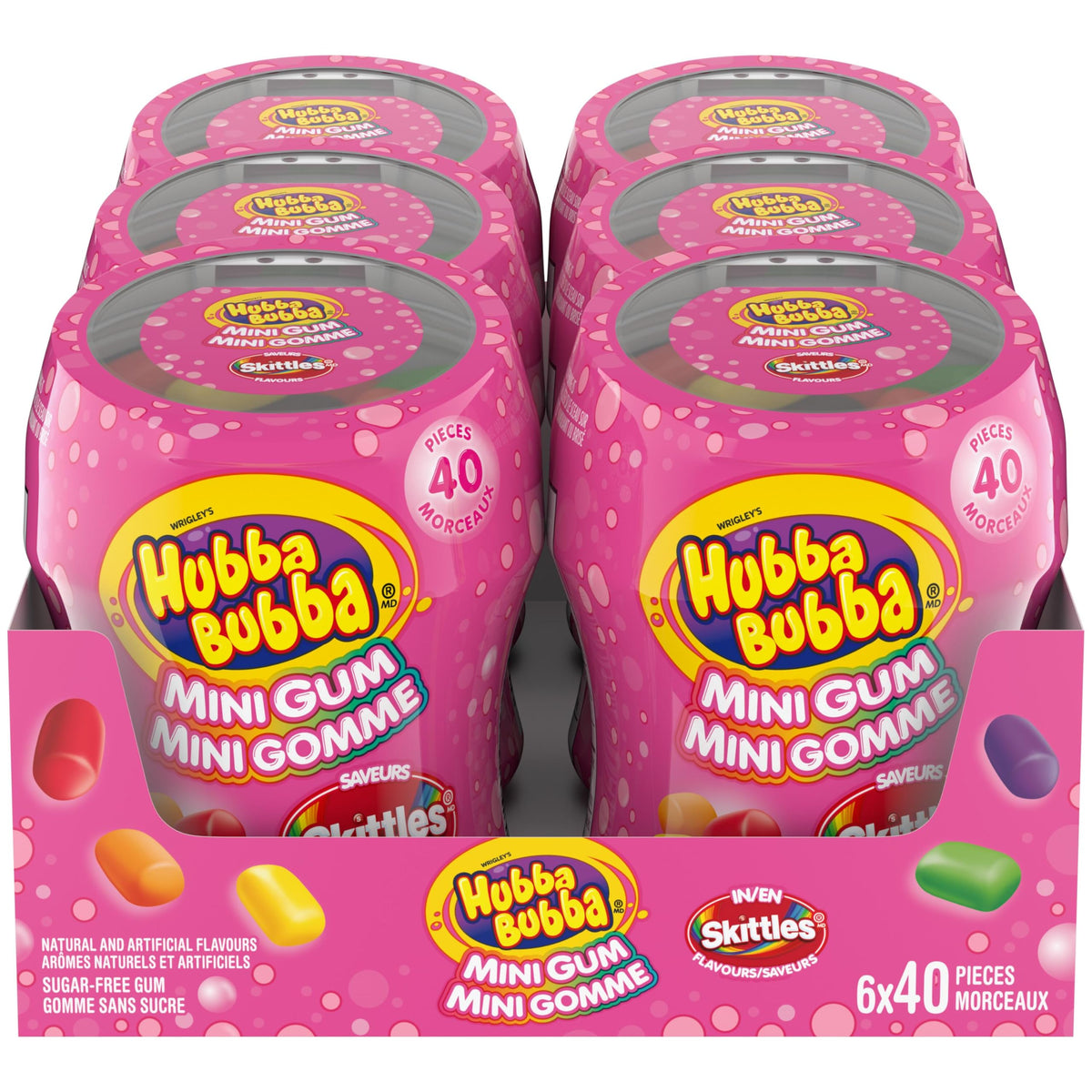 HUBBA BUBBA Minis, SKITTLES Flavoured, Sugar-Free Bubble Gum Resealable Bottle, 40 pieces, 6 Packs