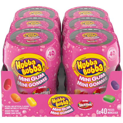 HUBBA BUBBA Minis, SKITTLES Flavoured, Sugar-Free Bubble Gum Resealable Bottle, 40 pieces, 6 Packs