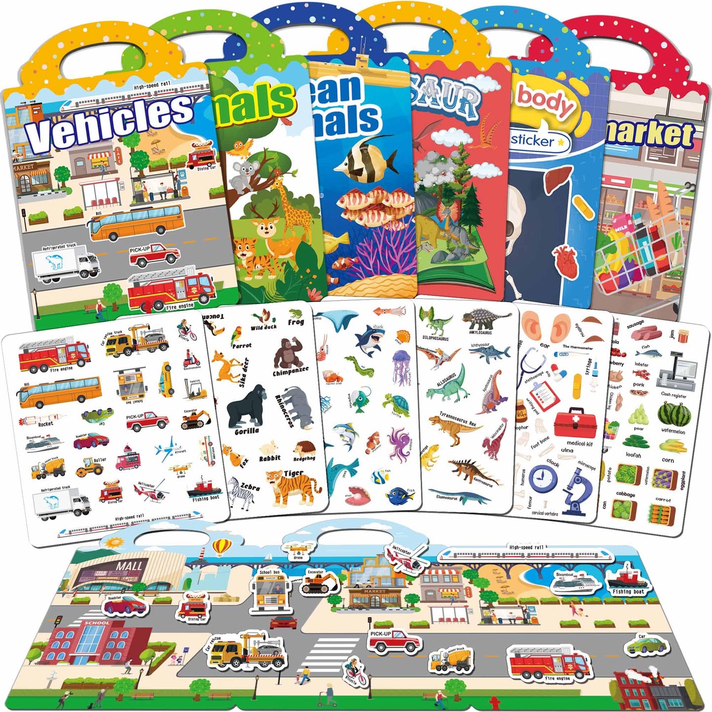 iGetooy Reusable Sticker Book, 6 Sets Sticker Book for Kids, Jelly Stickers for Kids, Vehicles, Animals, Ocean, Dinosaurs, Supermarket, Human Body - Available at All In One Marketplace Canada