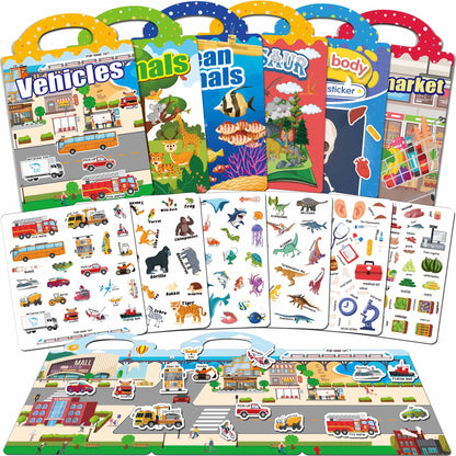 iGetooy Reusable Sticker Book, 6 Sets Sticker Book for Kids, Jelly Stickers for Kids, Vehicles, Animals, Ocean, Dinosaurs, Supermarket, Human Body - Available at All In One Marketplace Canada