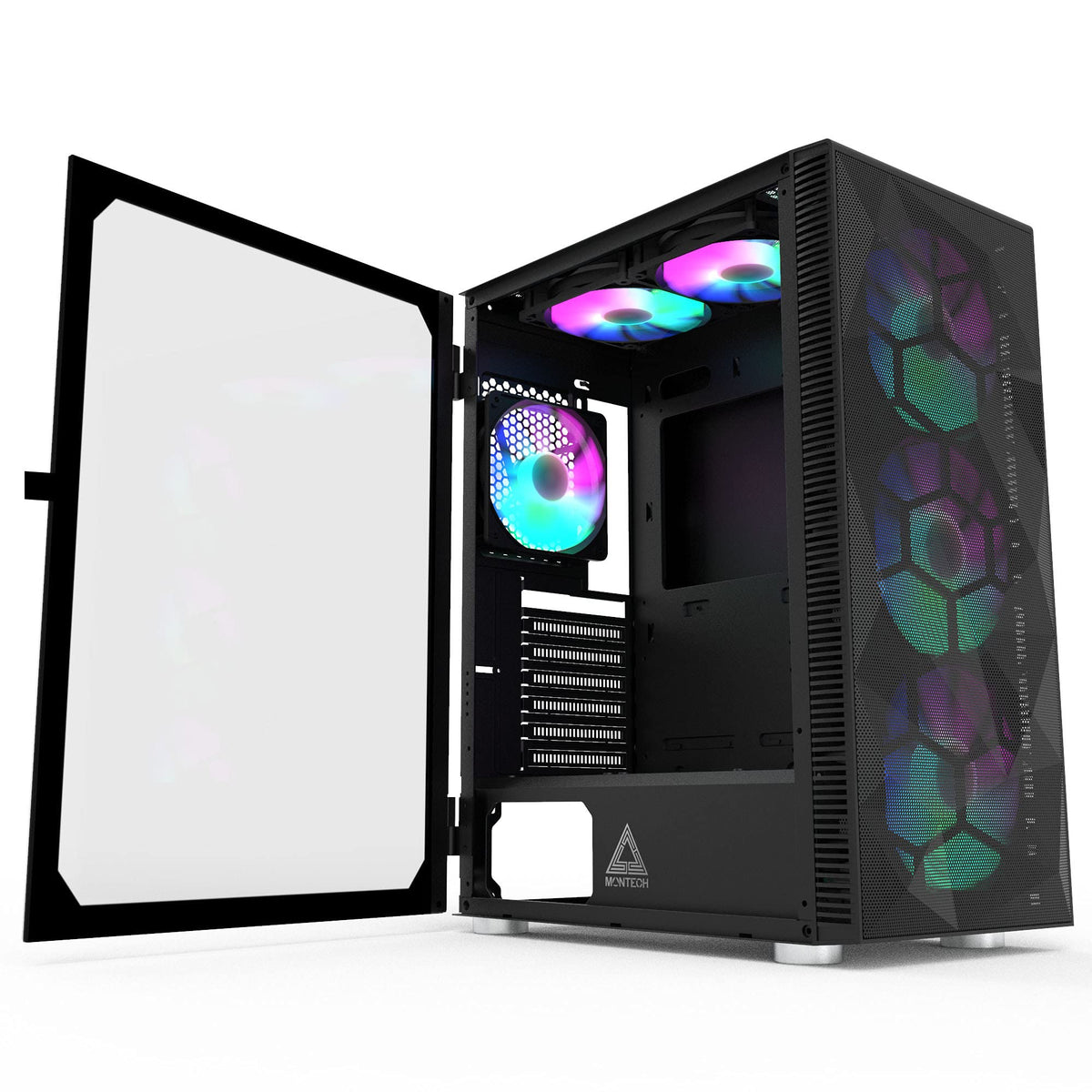 Montech X3 Mesh 6pcs, 3 x 140mm& 3 x 120mm Fixed RGB Lighting Fans ATX Mid-Tower PC Gaming Case, USB3.0, Door Open Tempered Glass Side Panel, High Airflow, Black