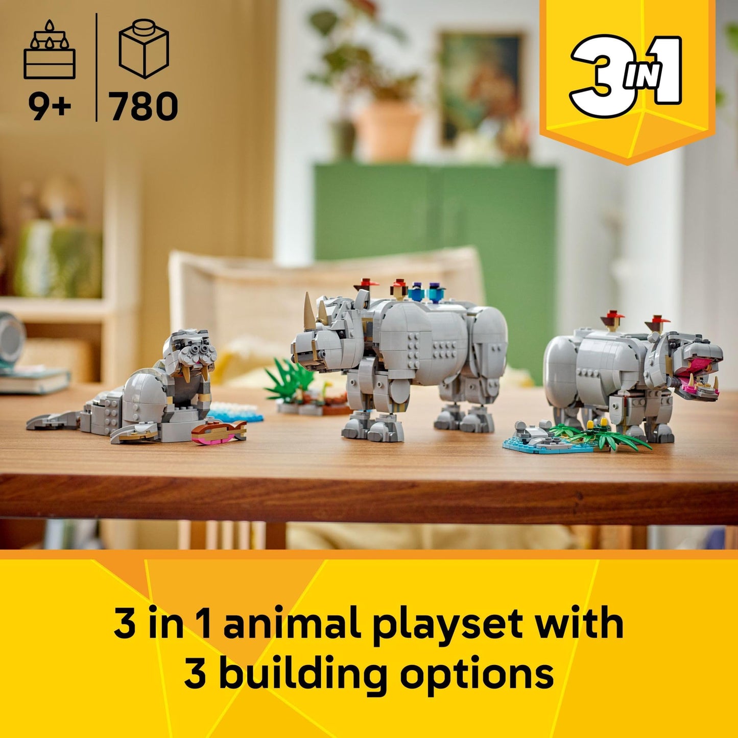 LEGO Creator 3 in 1 Wild Animals: Majestic Rhino - Building Toy for Boys & Girls, Ages 9+ - Gift for Birthdays - Kids Bedroom and Desk Decor - Build Rhino, Hippo, or Walrus - 31129 LEGO