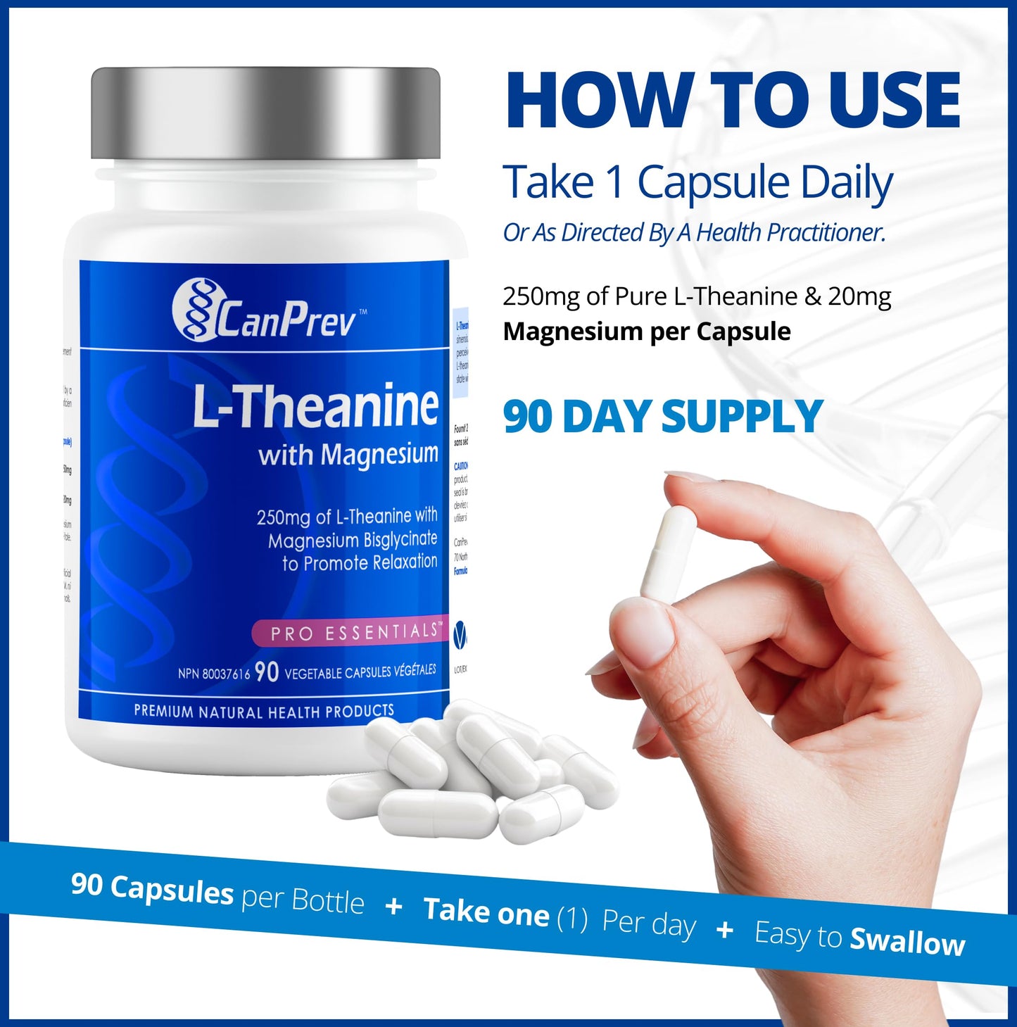 CanPrev L-Theanine with Magnesium, 90 Capsules 90-Day Supply - Promote Relaxation and Calmness - Without Drowsiness - Synergistic Blend for Well-being Management - Vegan, Non-GMO and Gluten-Free - Available at All In One Marketplace Canada
