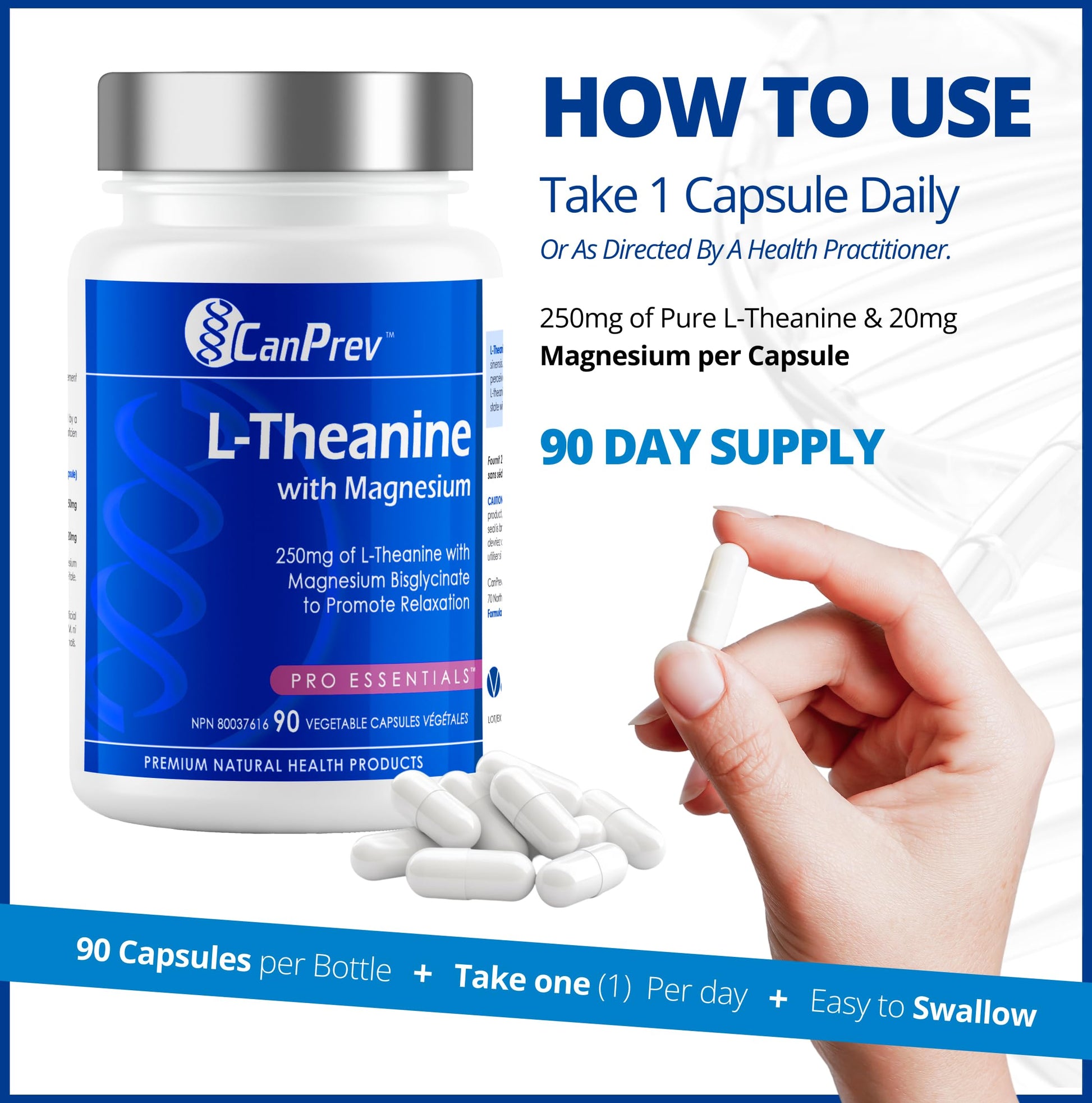 CanPrev L-Theanine with Magnesium, 90 Capsules 90-Day Supply - Promote Relaxation and Calmness - Without Drowsiness - Synergistic Blend for Well-being Management - Vegan, Non-GMO and Gluten-Free - Available at All In One Marketplace Canada