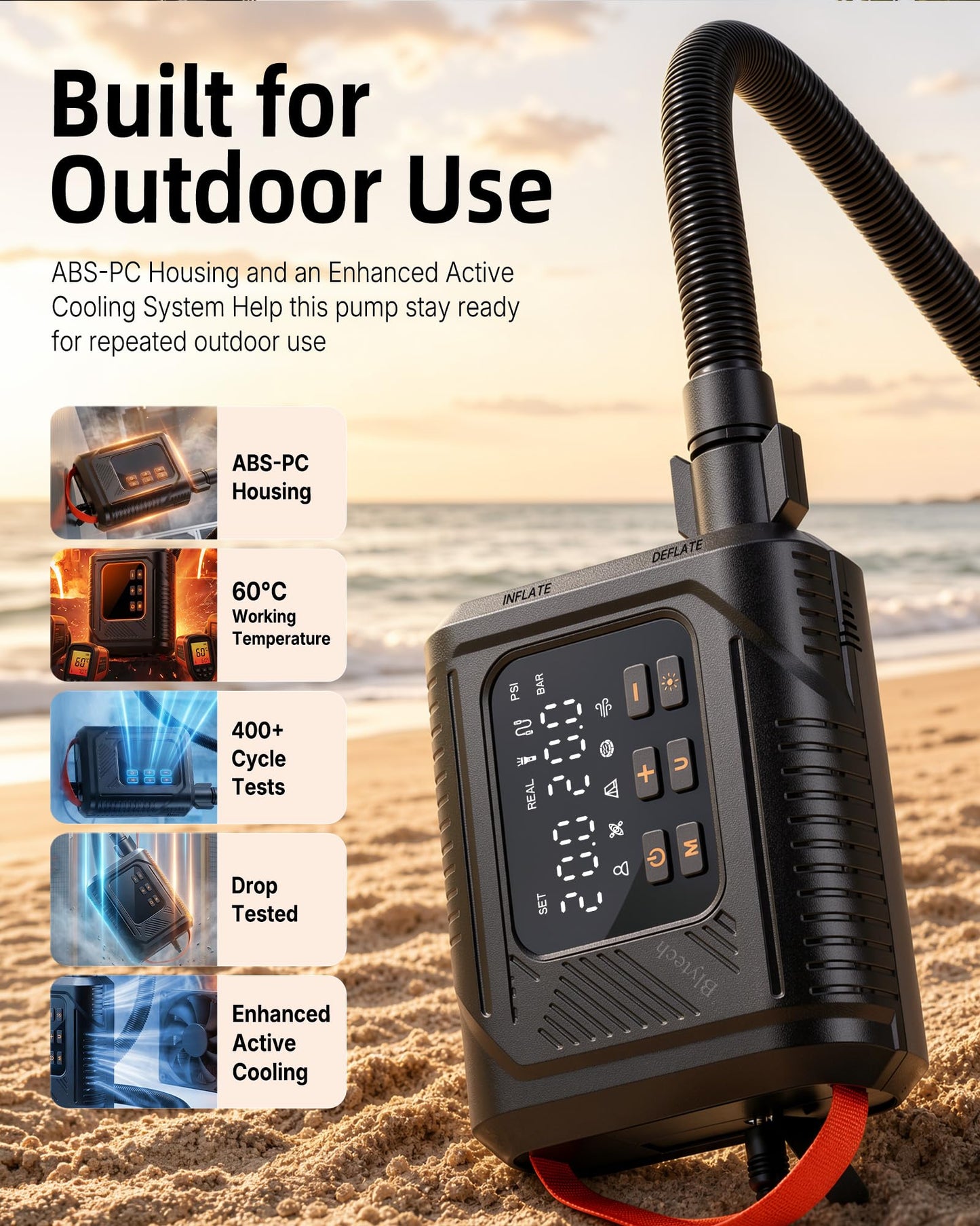 12V DC Paddle Board Pump, Electric Portable SUP Air Pump with Car Cigarette Lighter, Preset Pressure & Auto-Off, Dual-Stage Fast Inflate/Deflate, 20 PSI Max, 7 Nozzles for Paddleboards, Kayaks, Boats.