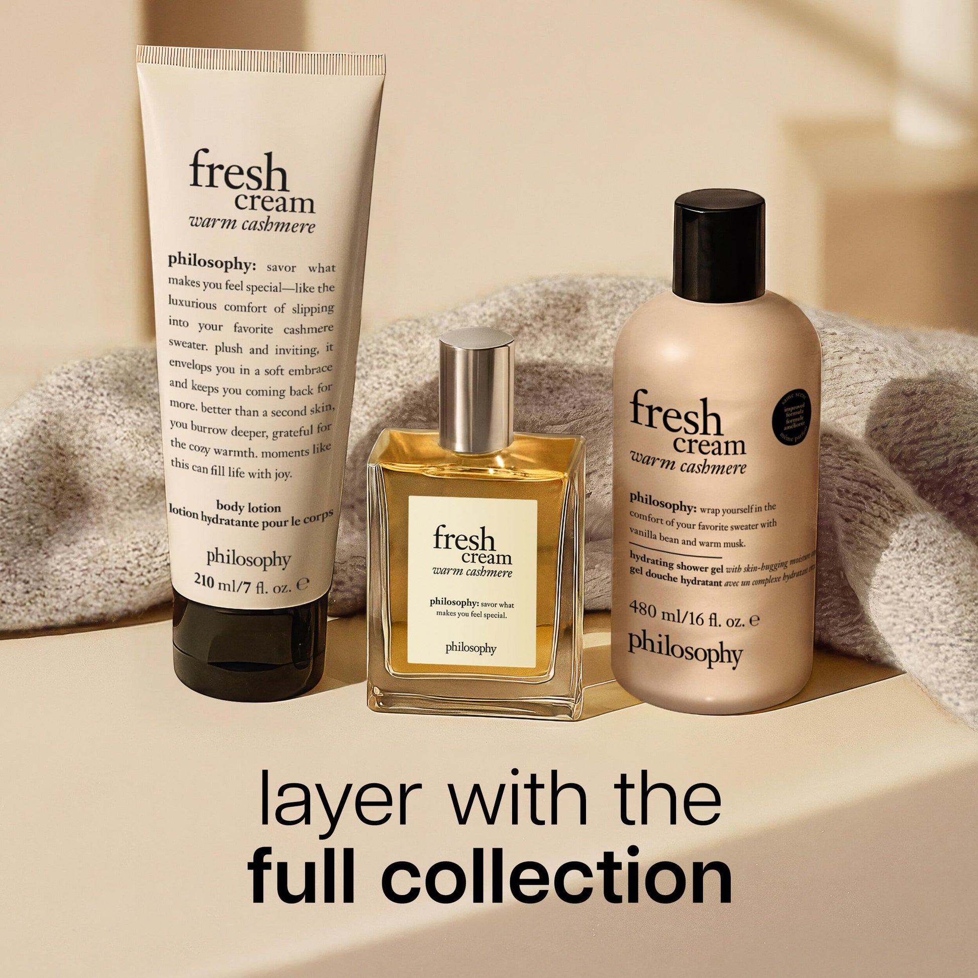 philosophy fresh cream warm cashmere hydrating shower gel, cleanses, conditions, moisturizes skin,480ml philosophy