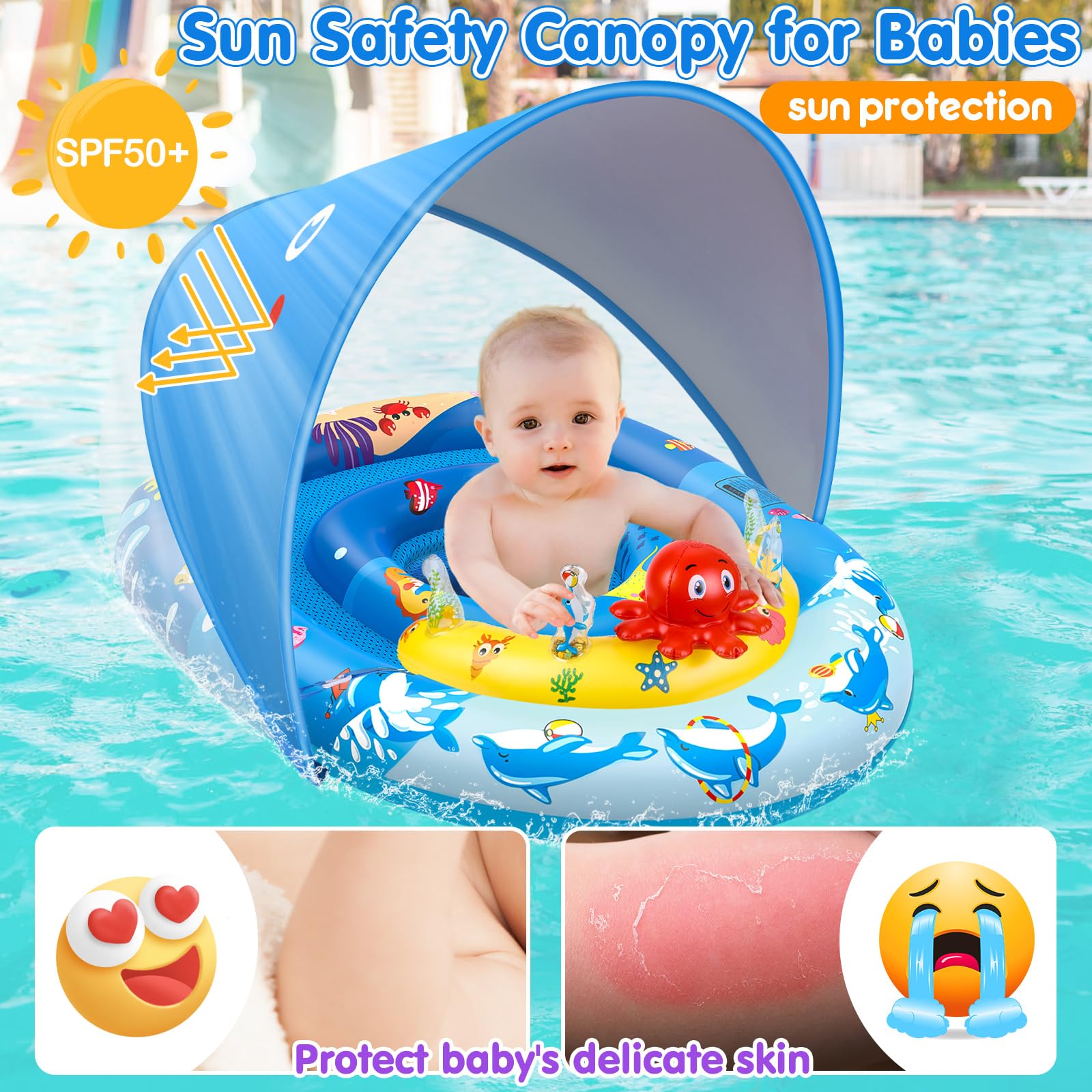 EZIGO Baby Pool Float with Canopy UPF50+ Sun Protection, Inflatable Kids Pool Float with Ocean Animal Toys for Babies 6-36 Months, Infant Swimming Float with Adjustable Safety Seat for Boys Girls