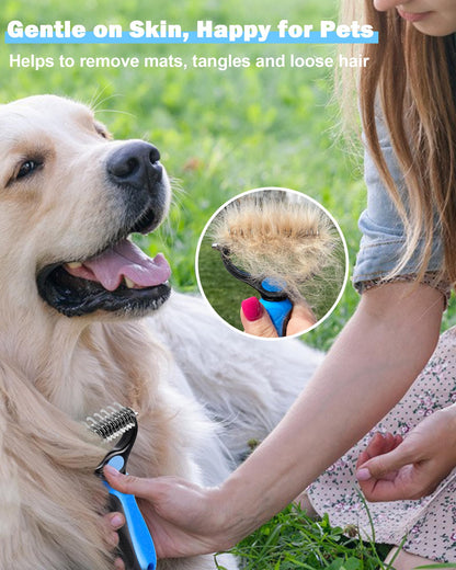 Dog and Cat Brush for Shedding and Dematting - Deshedding Undercoat Rake for Long Haired Dogs and Cats, Double Sided Pet Grooming Brush with Steel Comb, Blue