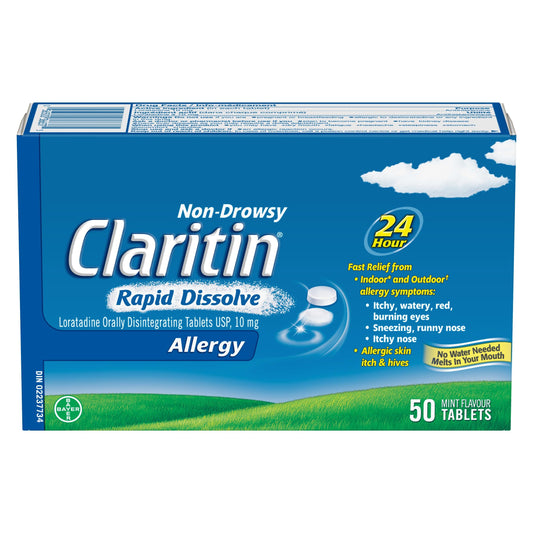 Claritin Rapid Dissolve Allergy Medicine, 24-Hour Non-Drowsy Relief 10 mg, 50 Tablets - Available at All In One Marketplace Canada