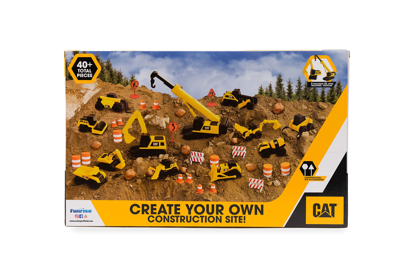 CAT Construction Toys, Little Machines Mega Set – 40+ Pieces with XL Crane & Excavator, 10 Mini Vehicles, Road Signs, Cones, Boulders & Barricades, Indoor/Outdoor STEM Toy for Kids Ages 3 + CAT