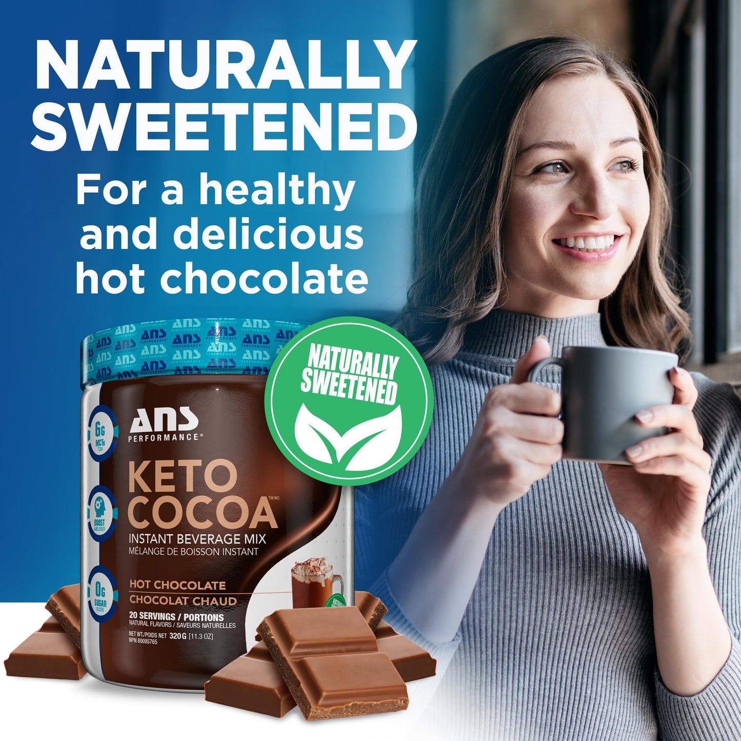 ANS Performance Keto Cocoa - Natural Sweetener Instant Hot Chocolate Mix - Low Carb, No Added Sugar - Gluten Free Keto Cocoa Powder - MCT Oil Blend - 20 Servings, 11.3 oz