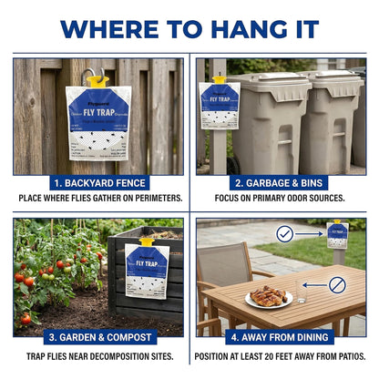 Flyguard 5-Pack Disposable Hanging Fly Trap Bag – Outdoor Odor-Free Insect Catcher for Patios, Gardens, Farms, and Campsites – Eco-Friendly, Pet Safe, No Electricity Required (Hang Style) - Available at All In One Marketplace Canada