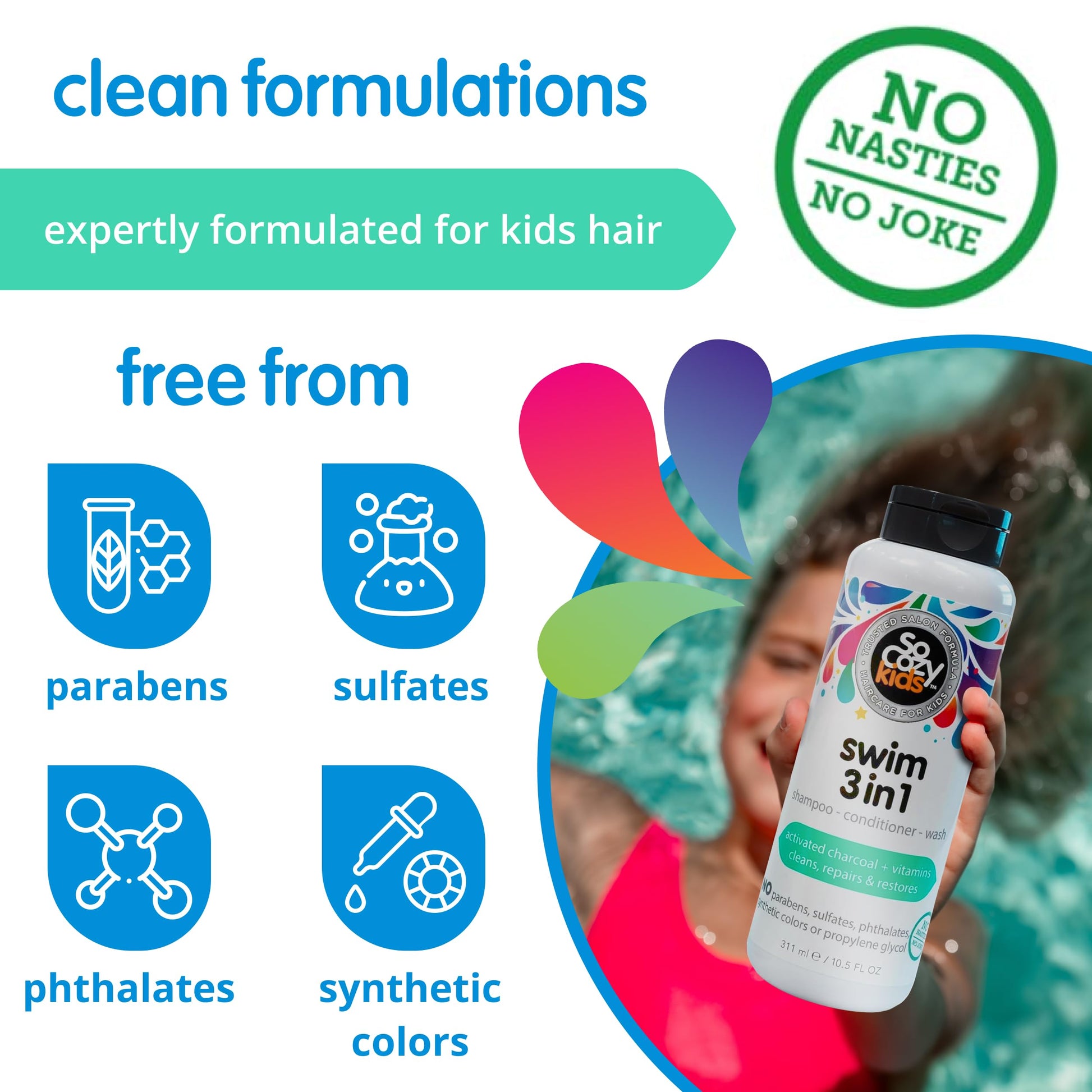 SoCozy Kids Swim 3-in-1 Shampoo, Conditioner & Body Wash - 3-in-1 Combo Pool Shampoo & Conditioner for Swimmers - Salt & Chlorine Removing Activated Charcoal for Toddler & Kids Hair After Swimming SO COZY