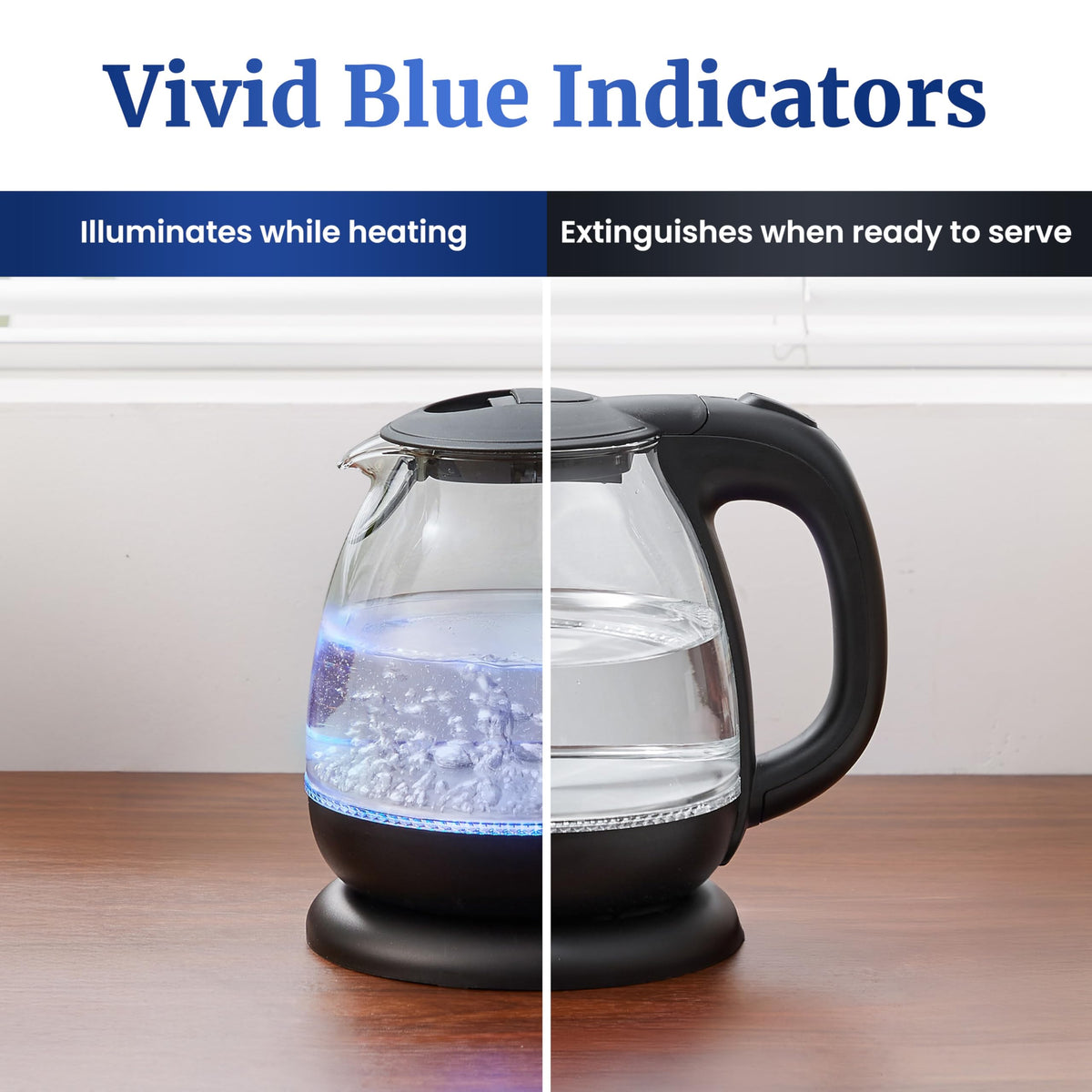 Elite Gourmet EKT1001 Electric BPA-Free Glass Kettle, Cordless 360° Base, Stylish Blue LED Interior, Handy Auto Shut-Off Function – Quickly Boil Water For Tea & More, Black, 1L