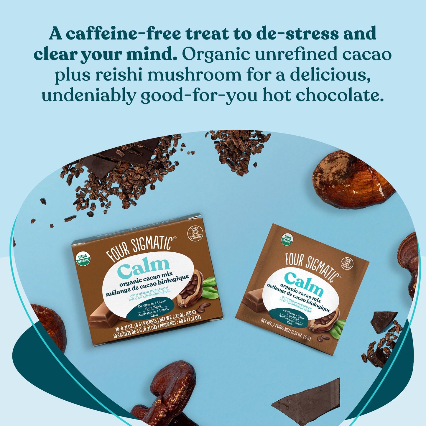 Four Sigmatic Calm Mushroom Cacao Mix | Organic Instant Cacao with Organic Reishi Mushroom Powder | Supports Calm & Relaxation | Drink it or Bake with it | Vegan, Gluten-Free, Dairy-Free | 10 Count Four Sigmatic