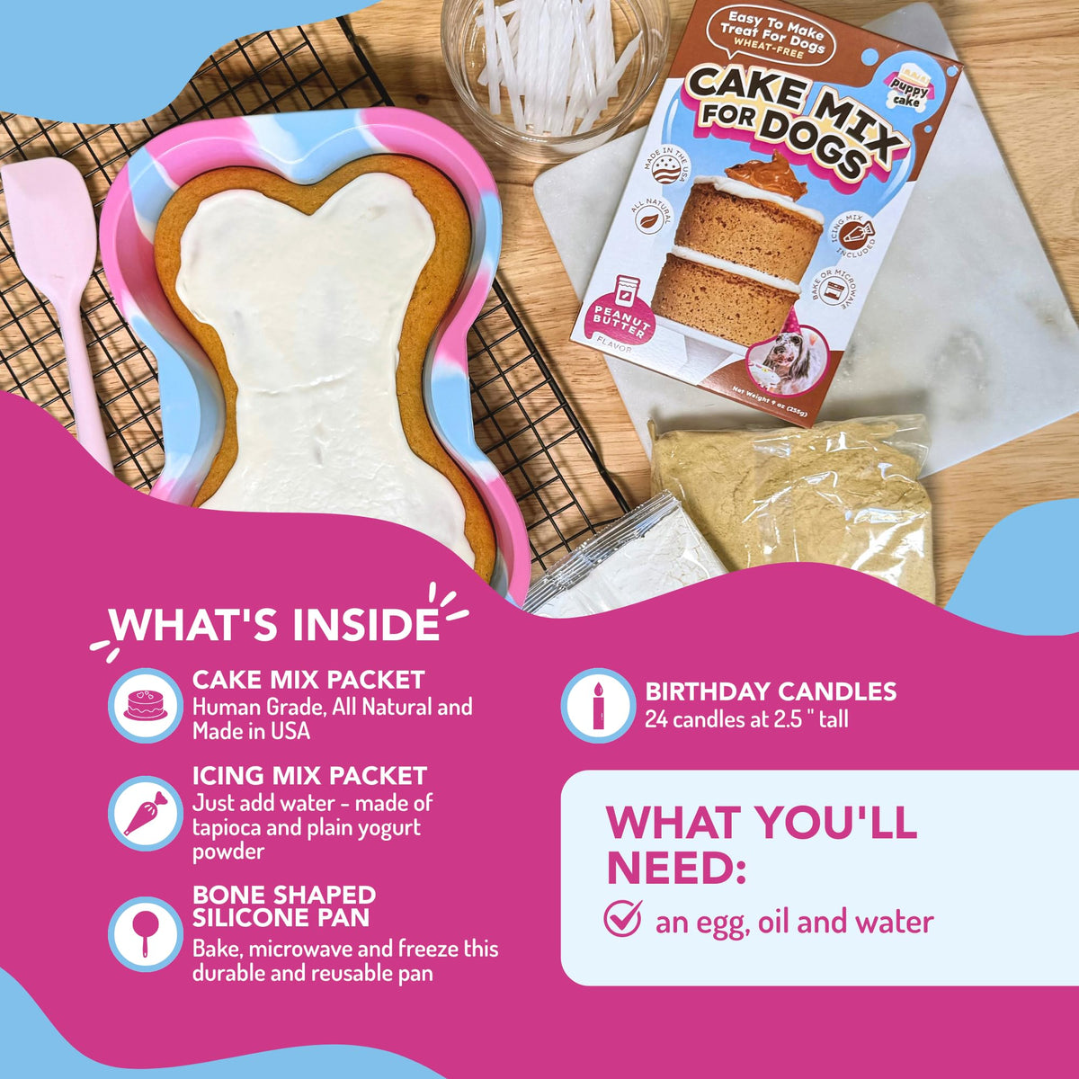 Puppy Cake Mix Dog Birthday Cake Kit in 5 Flavors, with Bone Silicone Pan and Candles (Peanut Butter) 🍁 All In One Marketplace Canada