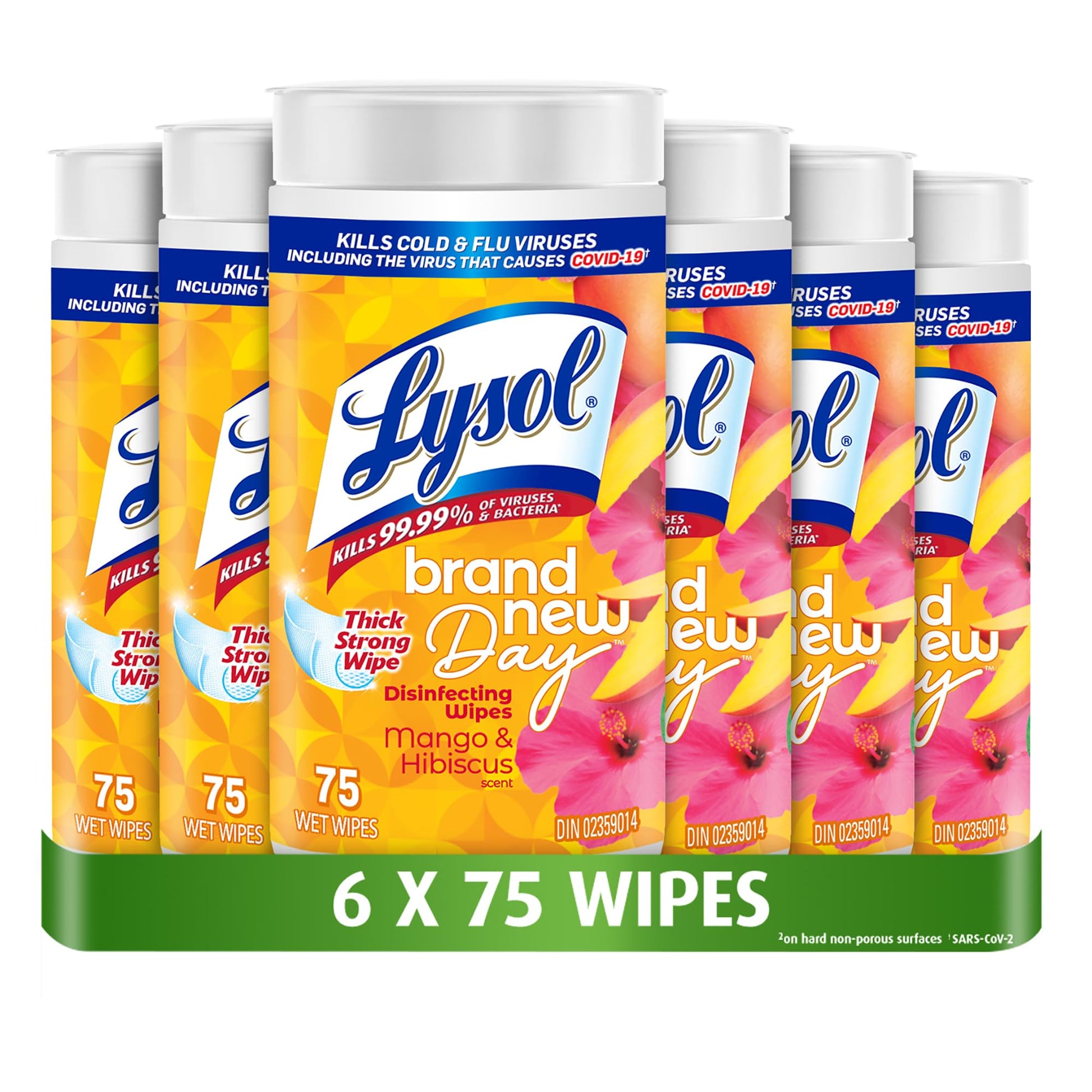 Lysol Disinfecting Wipes, Mango Hibiscus, Thick Strong Wipe, Kills 99.99% of Viruses & Bacteria, Bulk Pack of 6, 450 Count (6 x 75 count)