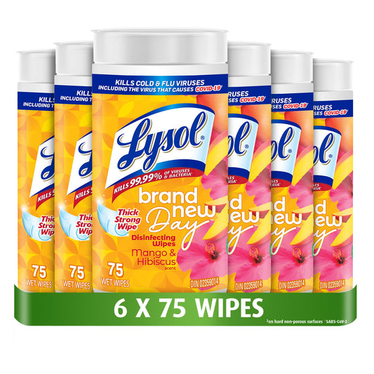 Lysol Disinfecting Wipes, Mango Hibiscus, Thick Strong Wipe, Kills 99.99% of Viruses & Bacteria, Bulk Pack of 6, 450 Count (6 x 75 count)