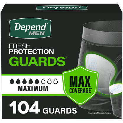 Depend Incontinence Guards/Incontinence Pads for Men/Bladder Control Pads, Maximum Absorbency, 104 Count (2 x 52ct) - Available at All In One Marketplace Canada