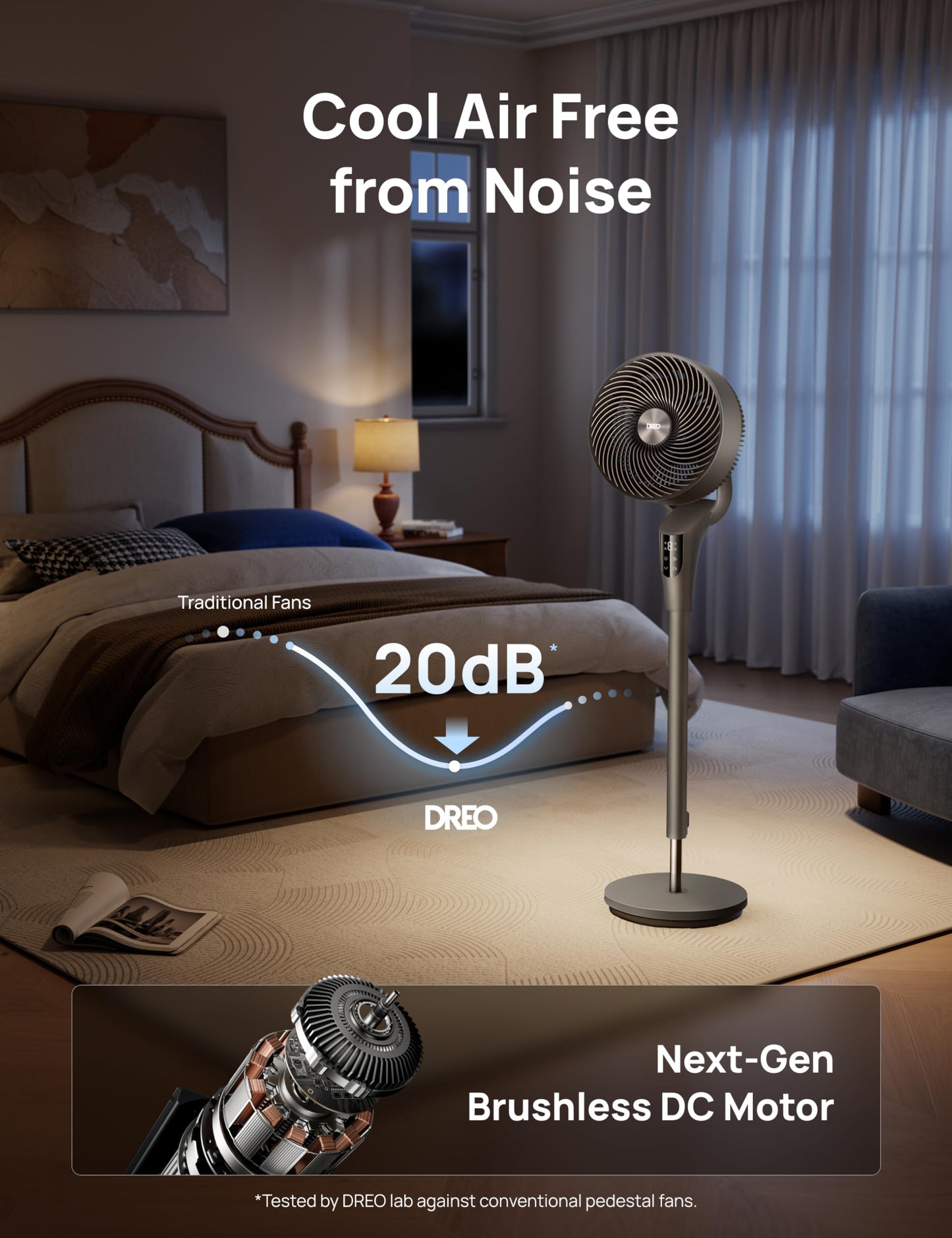 DREO Fan for Bedroom, 90° Oscillating Standing Fan, 20dB Quiet, 90ft Pedestal Fans for Room Office, DC Motor, 8+H Speeds, 3 Modes, 38-42'' Adjustable Height, Remote, 8H Timer, 105° Manual Vertical