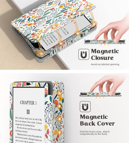 MoKo Case for 7"/6.8" Kindle Paperwhite(12th/11th Generation-2024/2021) and Kindle Colorsoft Signature Edition, Slim PU Shell Cover Case with Auto-Wake/Sleep for Kindle Paperwhite 2024, Flowers