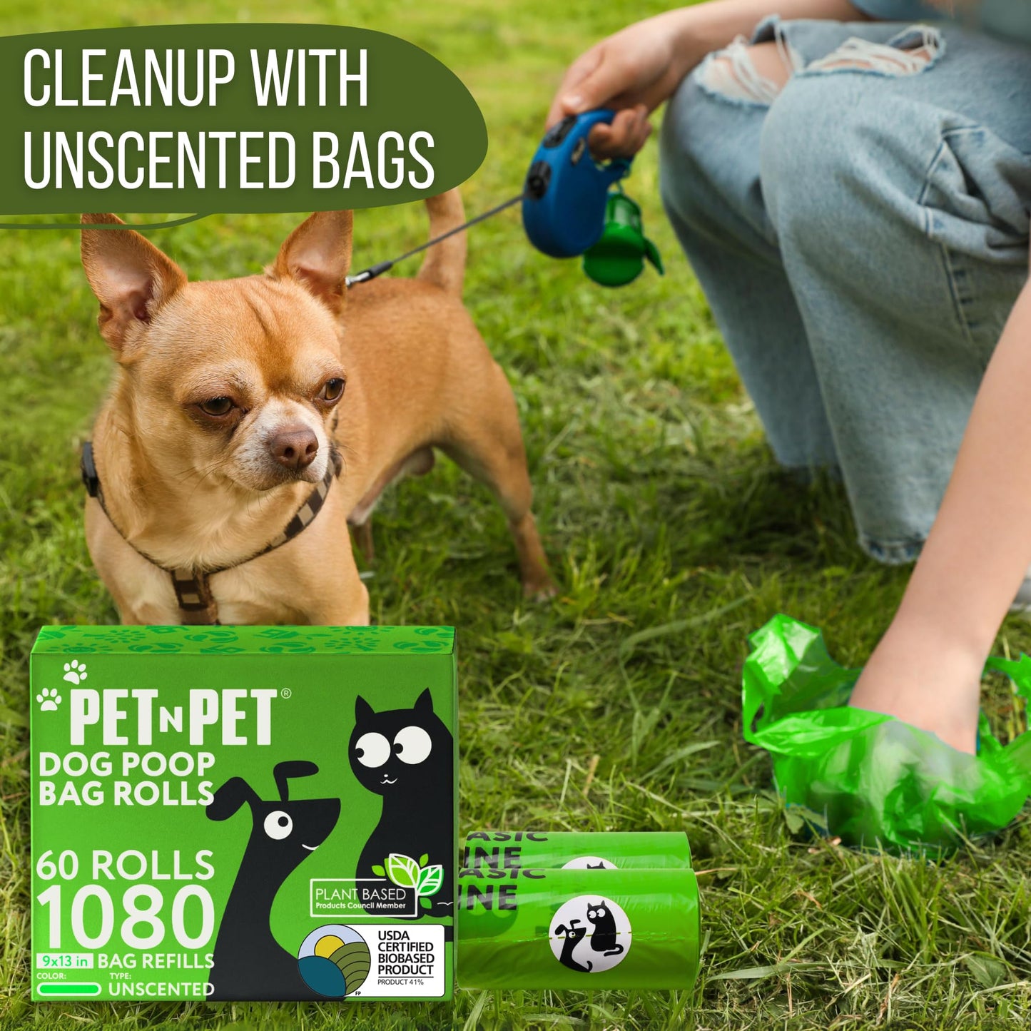 Pet N Pet Dog Poop Bags - USDA Certified 41% Plant-Based Doggy Poop Bags - Leak-Proof Sac Caca Chien Refill Rolls (1080 Count, Unscented, Green)