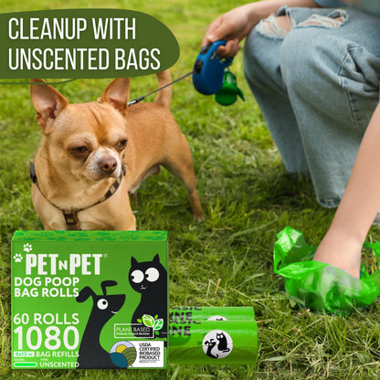 Pet N Pet Dog Poop Bags - USDA Certified 41% Plant-Based Doggy Poop Bags - Leak-Proof Sac Caca Chien Refill Rolls (1080 Count, Unscented, Green)