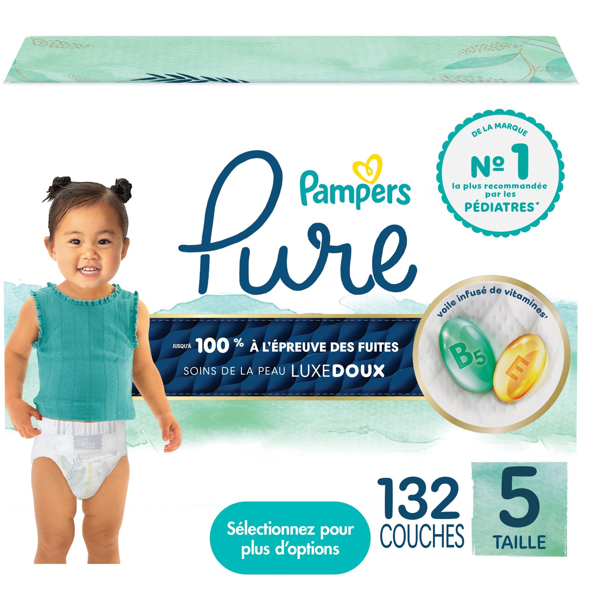 Pampers Pure Baby Diapers, Size 5 (27+ lbs), 132, Up to 100% Leakproof, Premium Hypoallergenic Soft Diapers