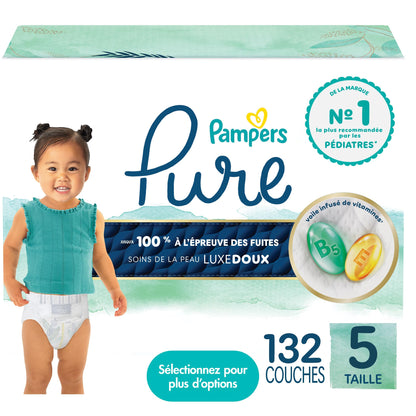 Pampers Pure Baby Diapers, Size 5 (27+ lbs), 132, Up to 100% Leakproof, Premium Hypoallergenic Soft Diapers