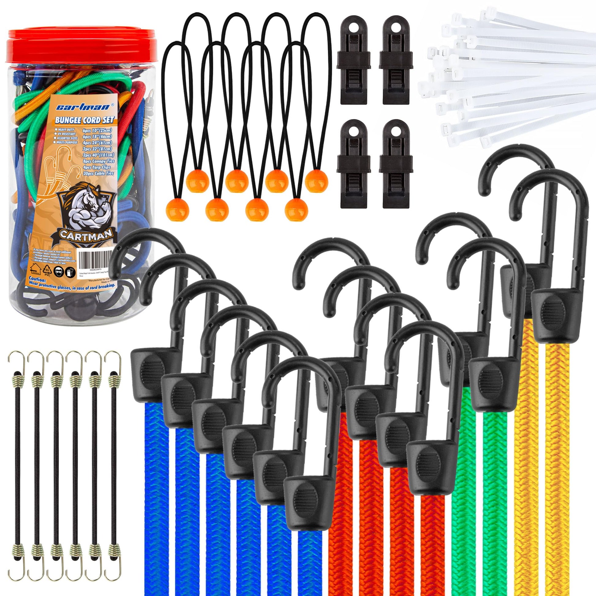 Cartman 32 Piece Bungee Cords Assortment Jar Includes 10" 18" 24" 32" 40" Bungee Cord with Hooks, 8" Canopy Tarp Ball Ties and Tarp Clips - Available at All In One Marketplace Canada