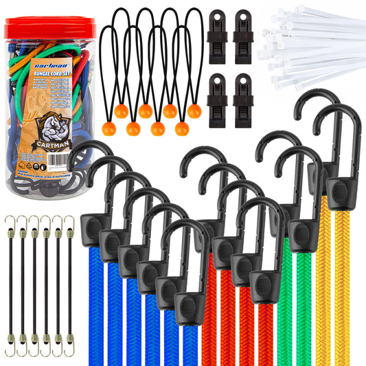 Cartman 32 Piece Bungee Cords Assortment Jar Includes 10" 18" 24" 32" 40" Bungee Cord with Hooks, 8" Canopy Tarp Ball Ties and Tarp Clips - Available at All In One Marketplace Canada
