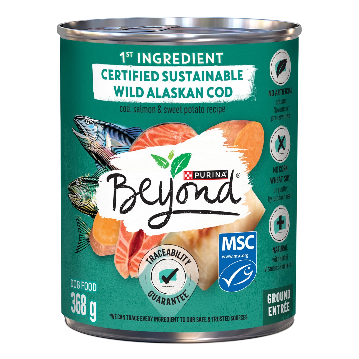 Beyond Natural Wet Dog Food, Alaskan Cod, Salmon & Sweet Potato Ground Entree - 368 g Can (12 Pack) Beyond