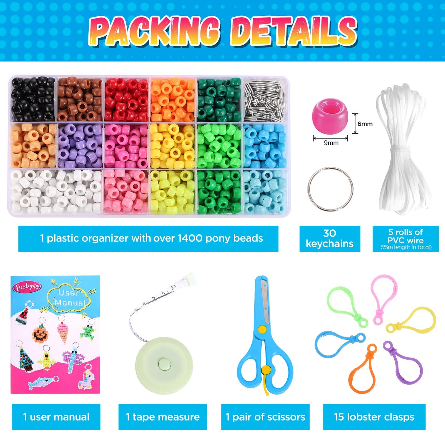 Funtopia Pony Beads, Create Your Own Bead Pets, Colorful Kandi Beads for Bracelets, Big Bead for Hair Braiding, DIY Jewelry and Crafts for Kids, Beginners and Adults (1500 Bead Kit, 30 Designs) - Available at All In One Marketplace Canada