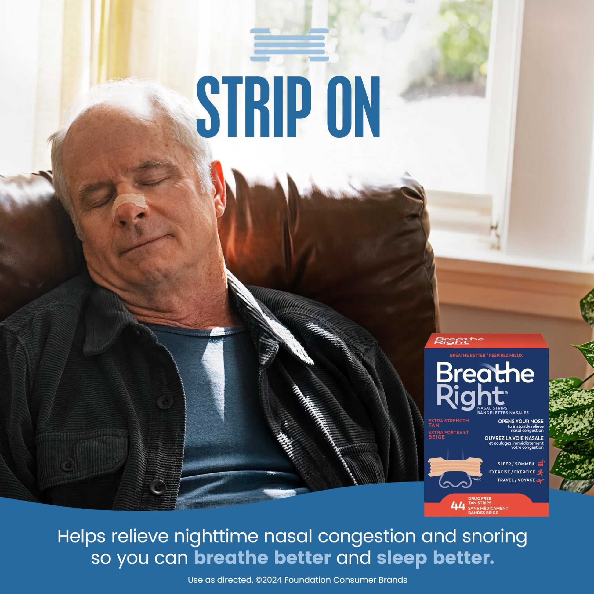 Breathe Right Nasal Strips, Extra Strength, Tan, Drug-Free Snoring Solution & Nasal Congestion Relief Caused by Colds & Allergies, Nightly Sleep, 44 Count